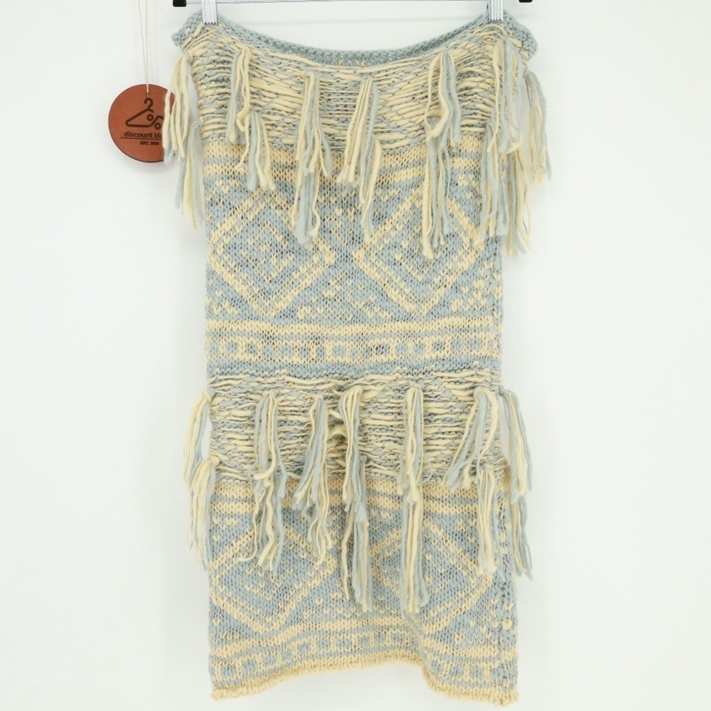 Free People Blue Cream Geometric Chunky Knit Fringe Tassel Infinity Scarf Boho